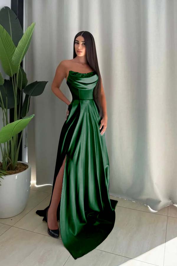 Strapless Long Split Prom Dress with Pleated Sequins