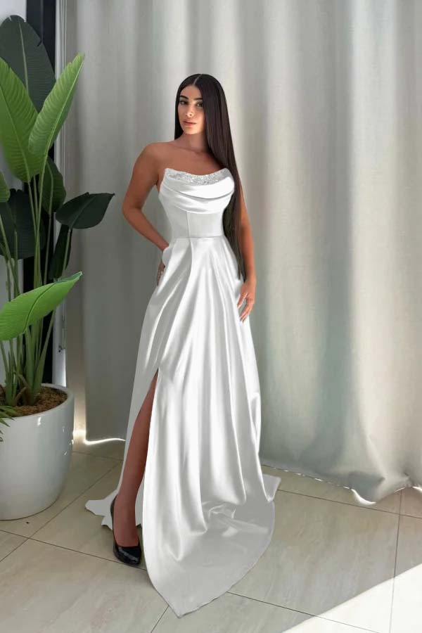 Strapless Long Split Prom Dress with Pleated Sequins
