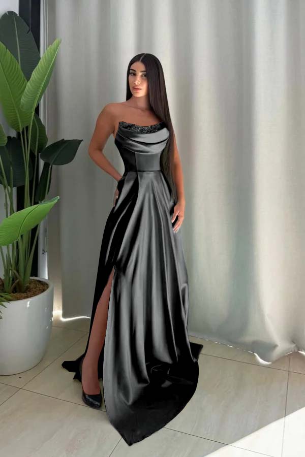 Strapless Long Split Prom Dress with Pleated Sequins