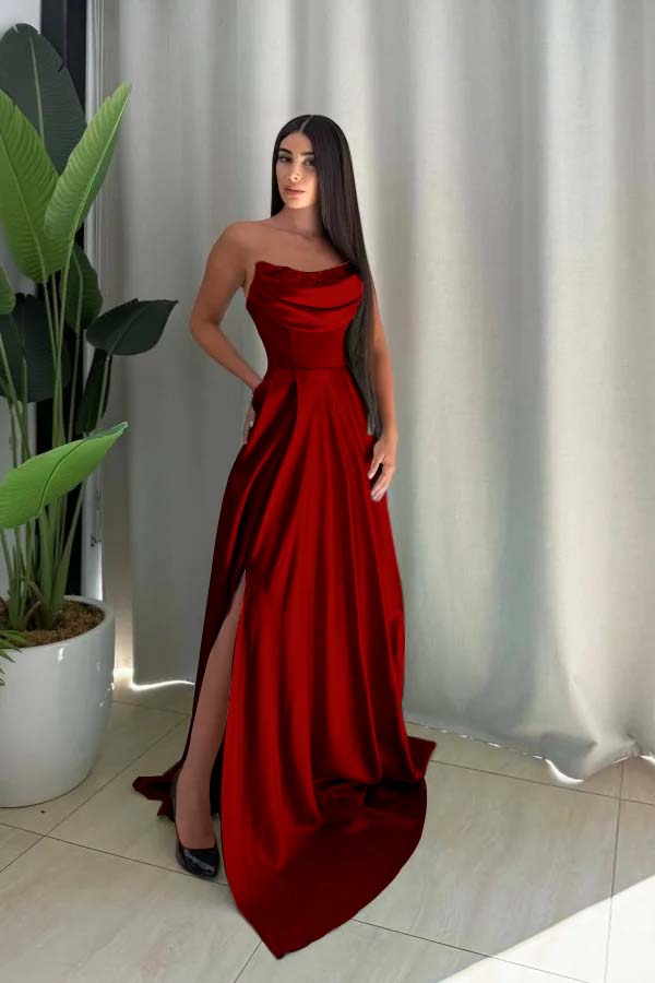 Strapless Long Split Prom Dress with Pleated Sequins
