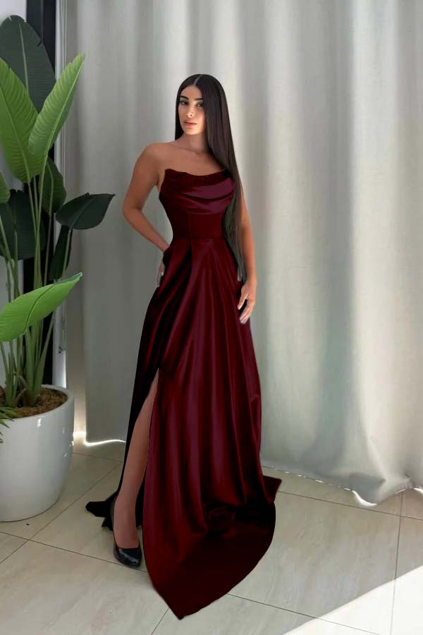 Strapless Long Split Prom Dress with Pleated Sequins