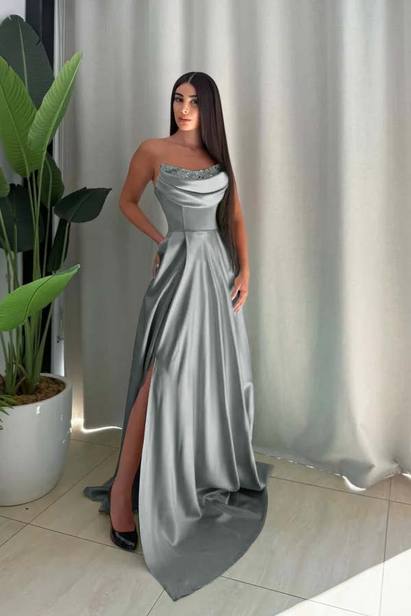 Strapless Long Split Prom Dress with Pleated Sequins
