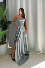 Strapless Long Split Prom Dress with Pleated Sequins