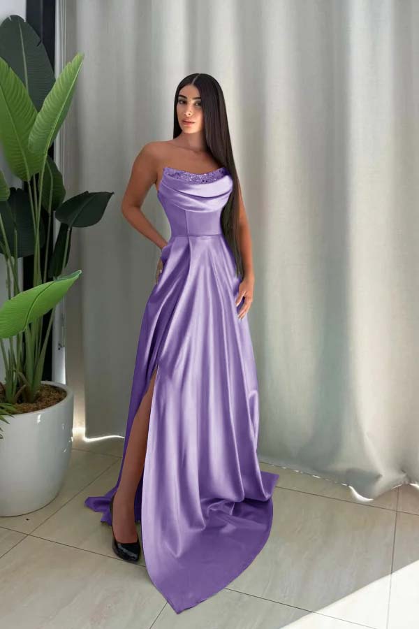 Strapless Long Split Prom Dress with Pleated Sequins