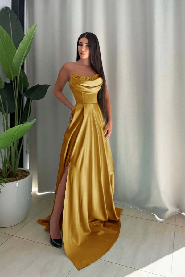 Strapless Long Split Prom Dress with Pleated Sequins