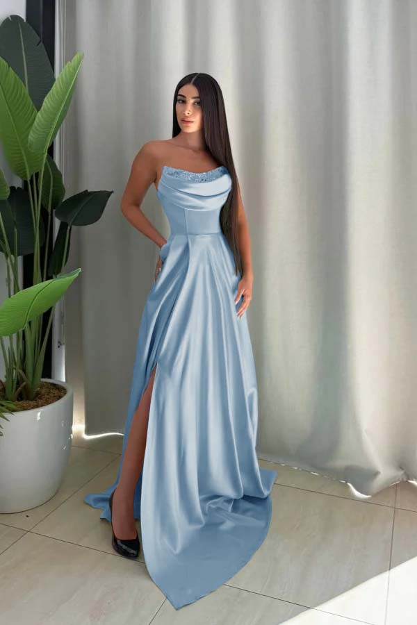 Strapless Long Split Prom Dress with Pleated Sequins
