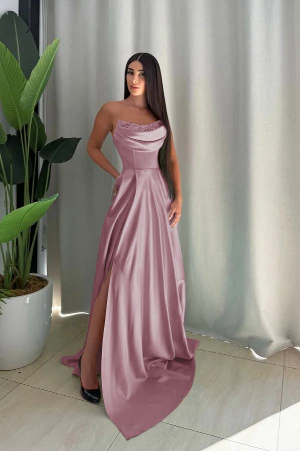 Strapless Long Split Prom Dress with Pleated Sequins