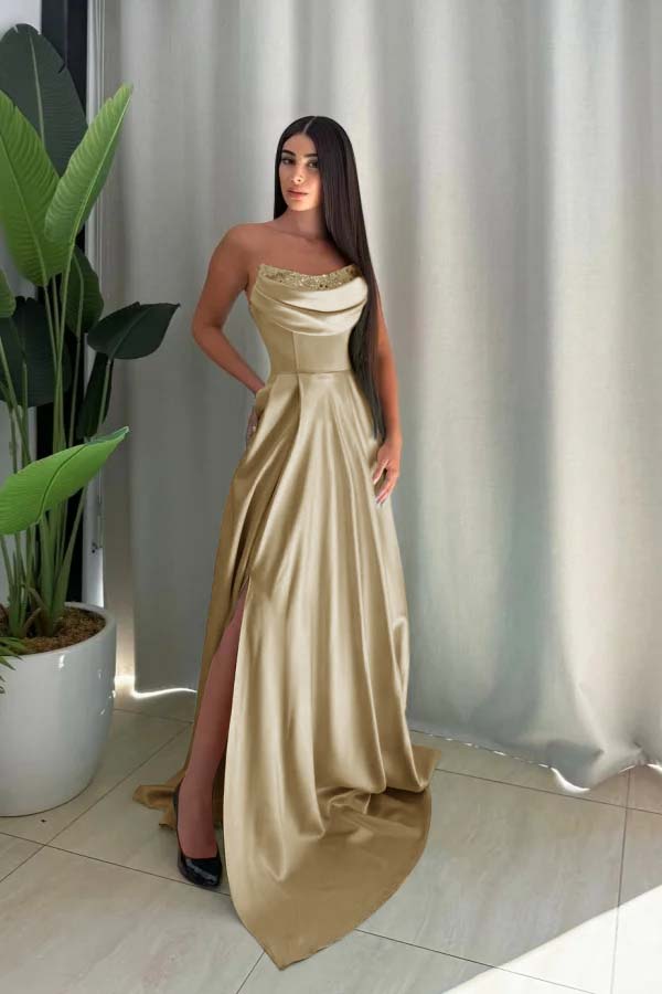 Strapless Long Split Prom Dress with Pleated Sequins