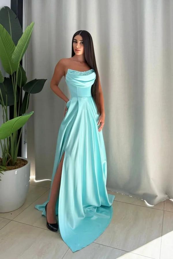 Strapless Long Split Prom Dress with Pleated Sequins