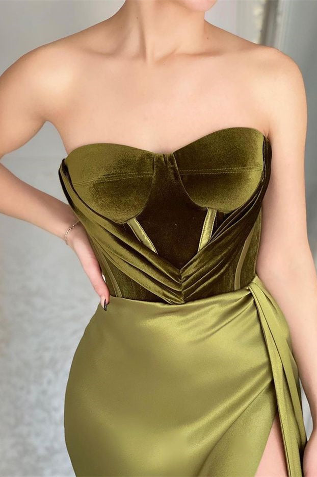 Olive Green Strapless Mermaid Long Prom Dress with Split