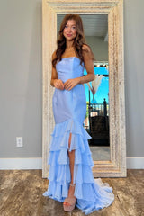 Strapless Mermaid Long Prom Dress with Split and Ruffles