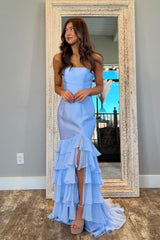 Strapless Mermaid Long Prom Dress with Split and Ruffles
