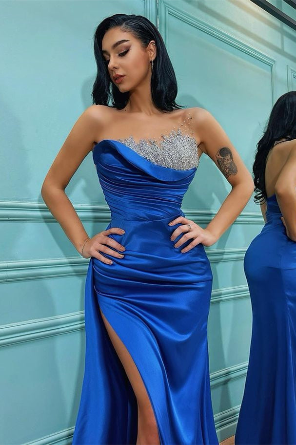 Royal Blue Strapless Mermaid Long Prom Dress with Beading and Split