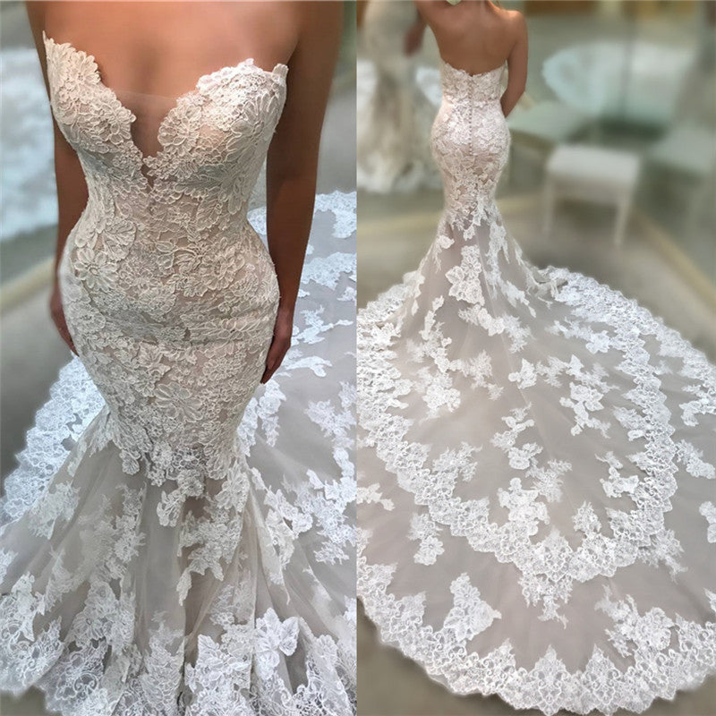 Strapless V-Neck Backless Long Mermaid Wedding Dress with Lace Appliques