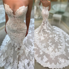 Strapless V-Neck Backless Long Mermaid Wedding Dress with Lace Appliques