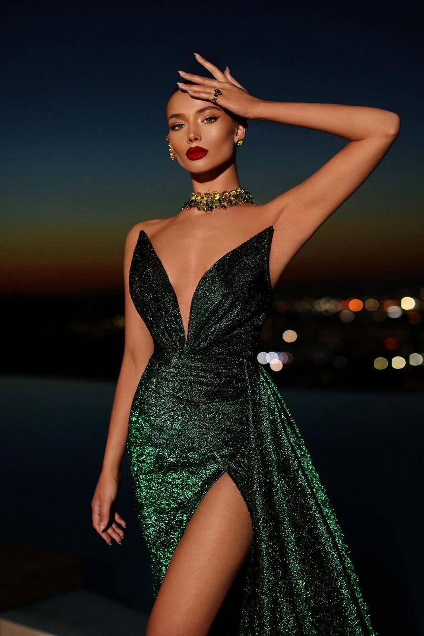 Strapless V Neck Long Prom Dress with Sequins and Split