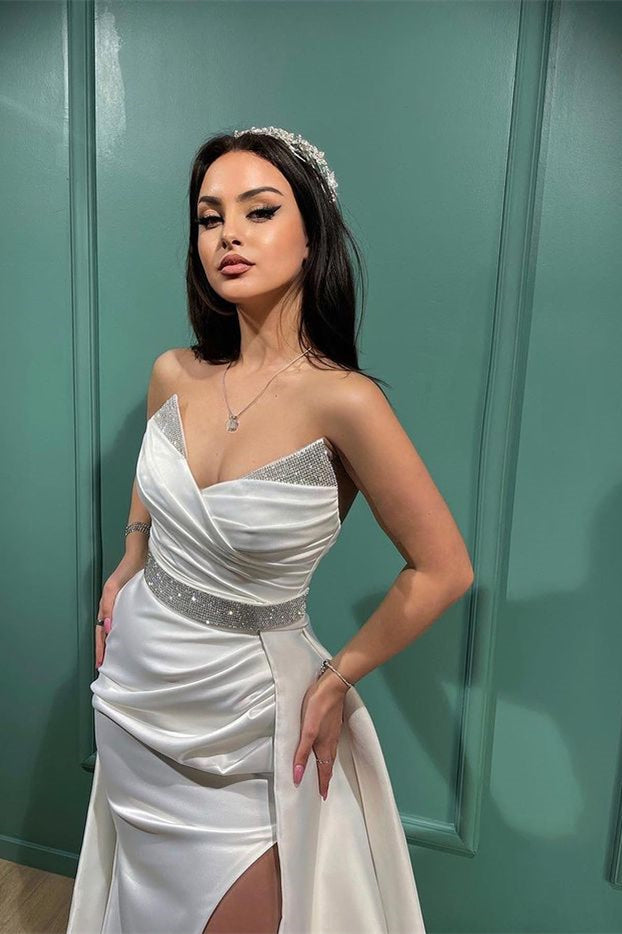 White Strapless V Neck Mermaid Long Prom Dress with Sequins and Split
