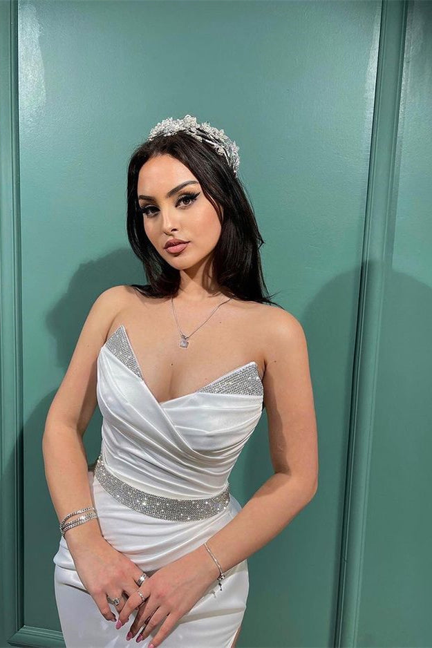 White Strapless V Neck Mermaid Long Prom Dress with Sequins and Split