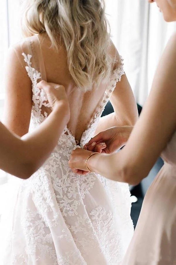 Strappy V-Neck A-Line Wedding Dress with Floral Beading