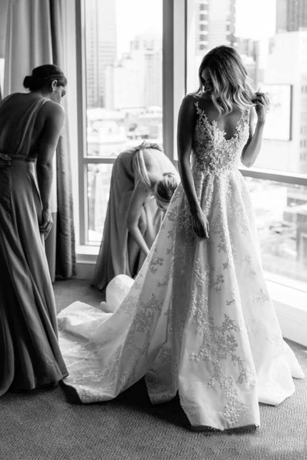 Strappy V-Neck A-Line Wedding Dress with Floral Beading