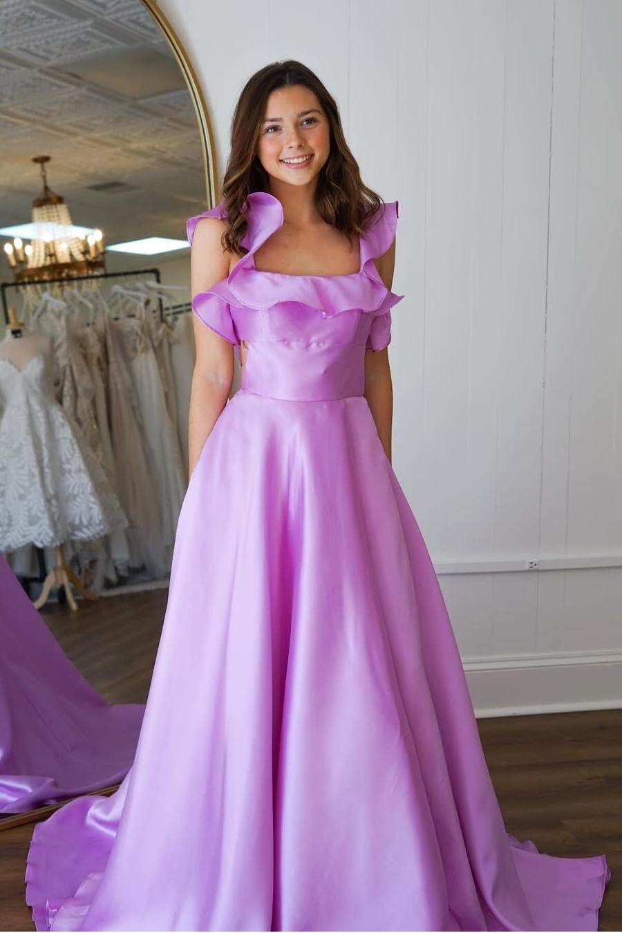 Backless A-Line Long Prom Dress with Ruffles