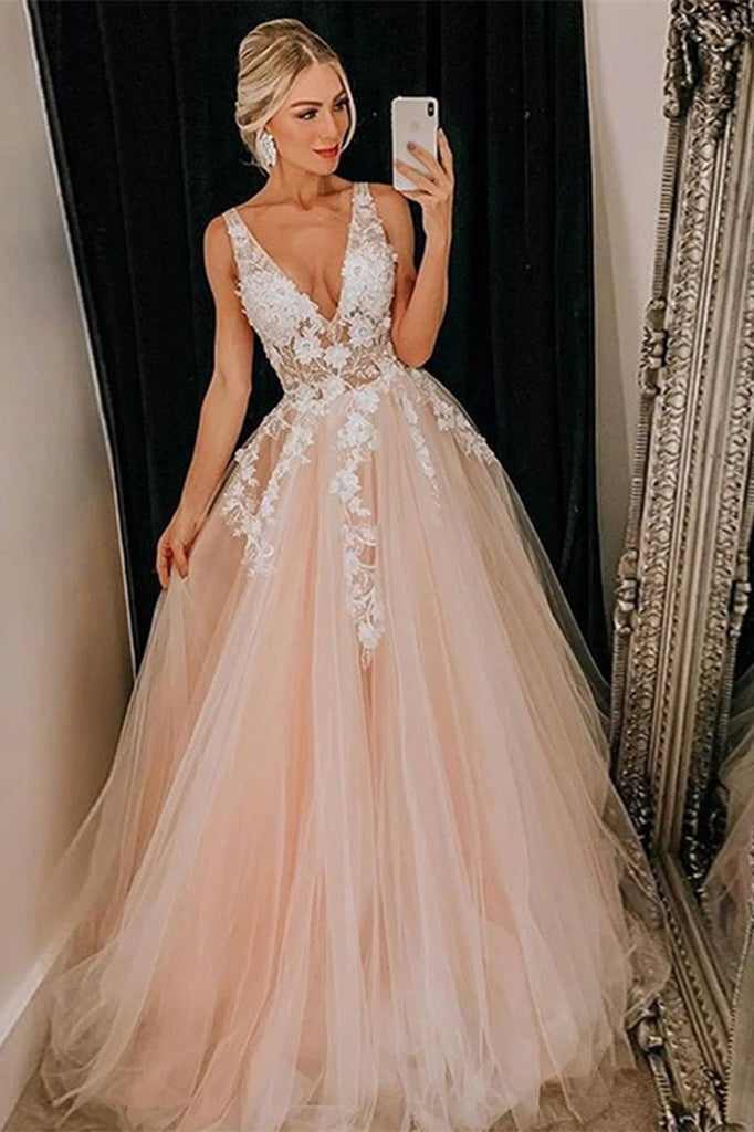 Deep V Neck Tulle Long Prom Dress with Appliques
