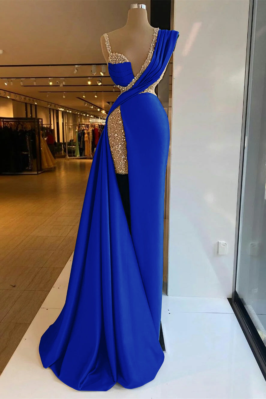 Long Prom Dress with Sequins, High Split and Ruffles