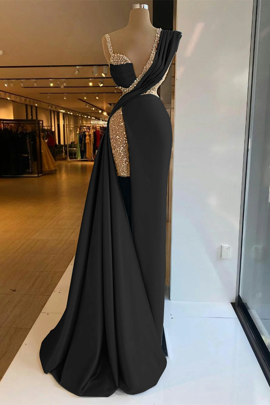 Long Prom Dress with Sequins, High Split and Ruffles