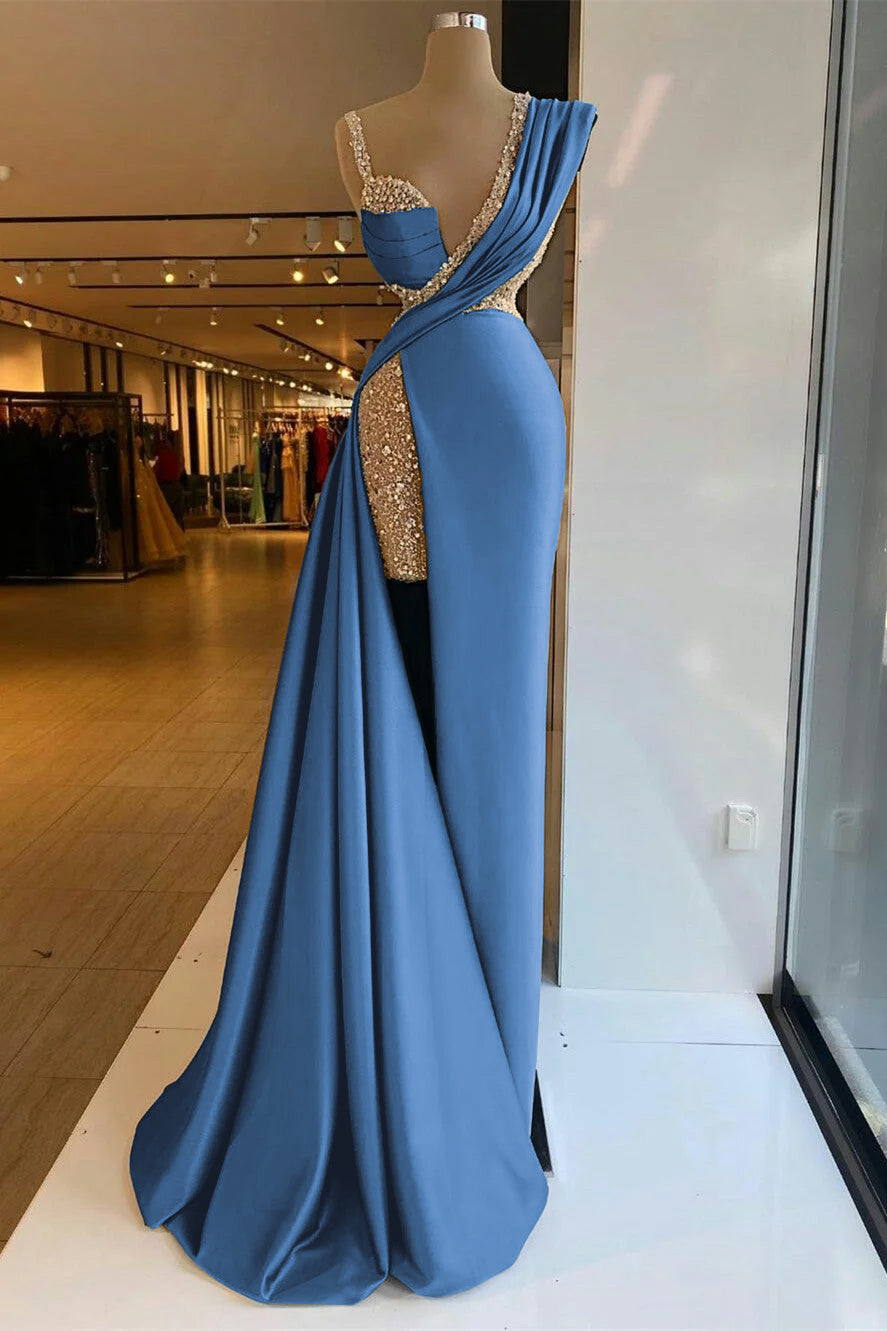 Long Prom Dress with Sequins, High Split and Ruffles