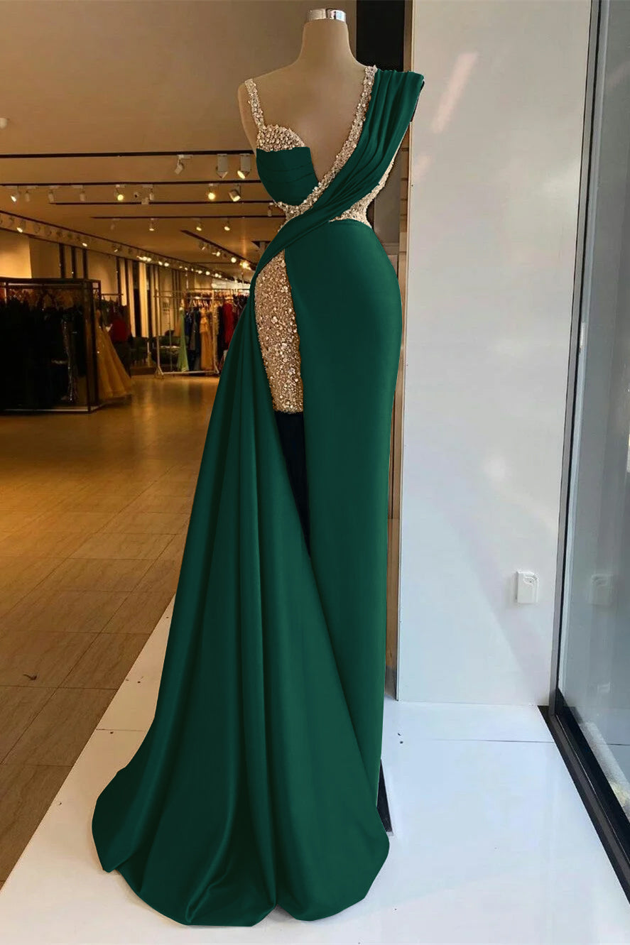 Long Prom Dress with Sequins, High Split and Ruffles