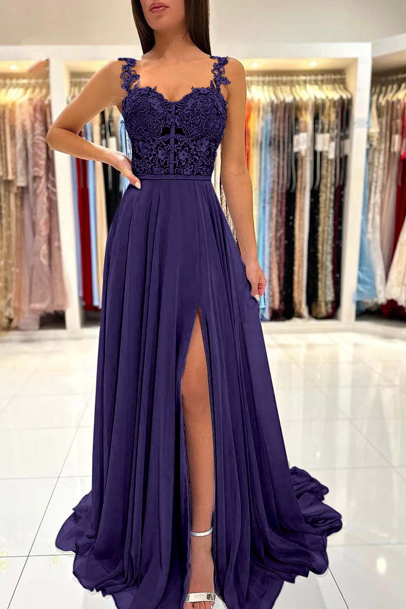 Spaghetti Strap A-Line Long Prom Dress with Split and Appliques