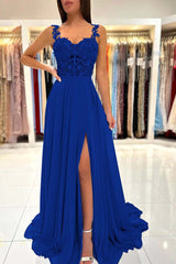 Spaghetti Strap A-Line Long Prom Dress with Split and Appliques