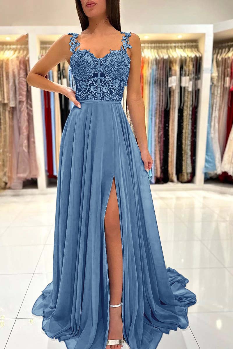 Spaghetti Strap A-Line Long Prom Dress with Split and Appliques