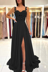 Spaghetti Strap A-Line Long Prom Dress with Split and Appliques