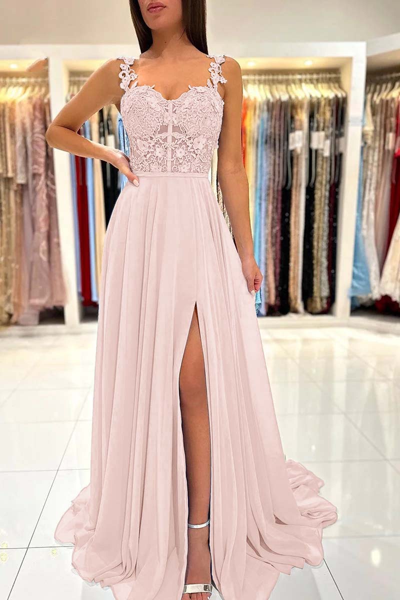 Spaghetti Strap A-Line Long Prom Dress with Split and Appliques