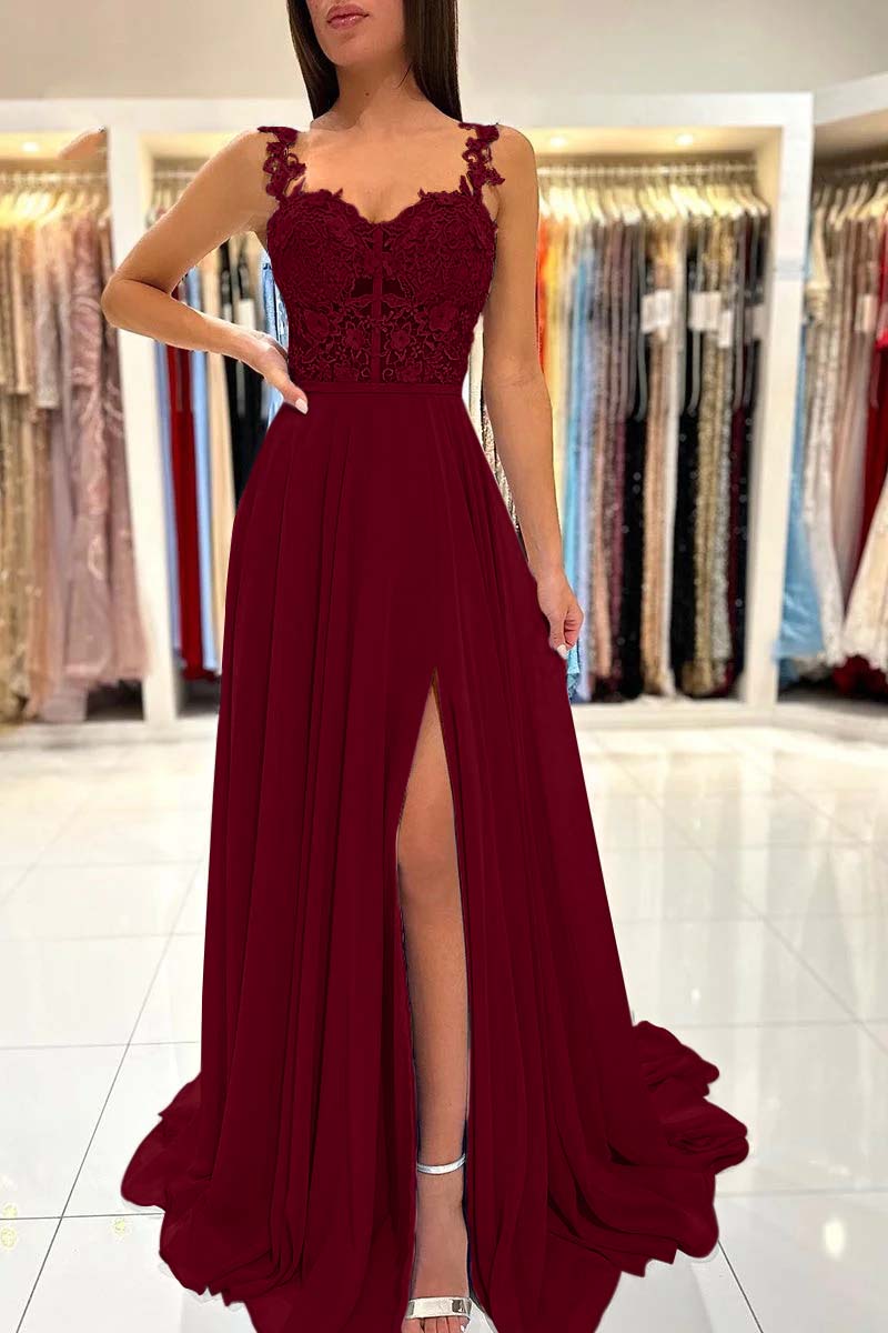 Spaghetti Strap A-Line Long Prom Dress with Split and Appliques