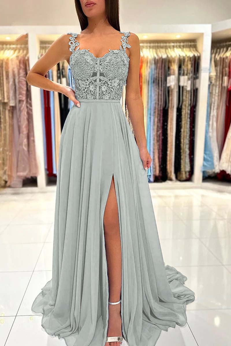 Spaghetti Strap A-Line Long Prom Dress with Split and Appliques