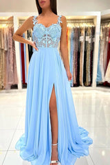 Spaghetti Strap A-Line Long Prom Dress with Split and Appliques