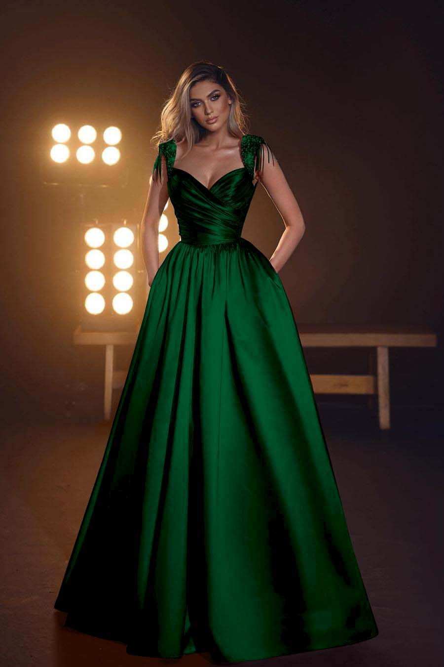Sleeveless Long Prom Dress with Pockets, Sequins and Pleats