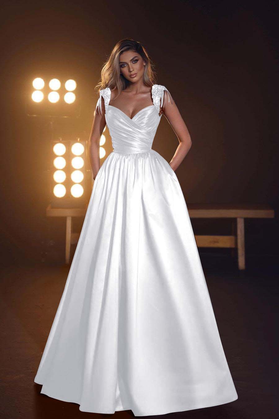 Sleeveless Long Prom Dress with Pockets, Sequins and Pleats