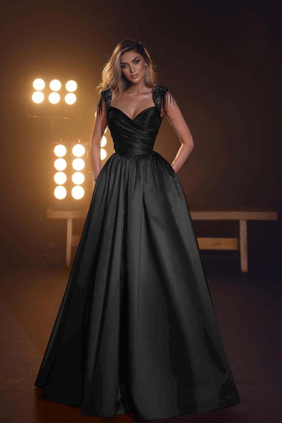 Sleeveless Long Prom Dress with Pockets, Sequins and Pleats
