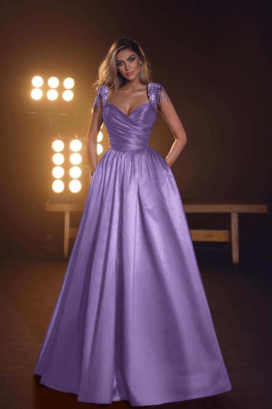 Sleeveless Long Prom Dress with Pockets, Sequins and Pleats