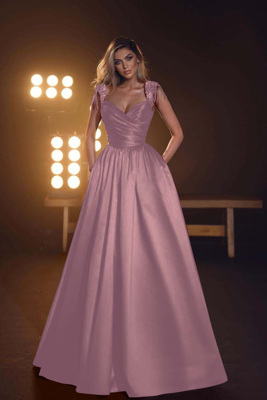 Sleeveless Long Prom Dress with Pockets, Sequins and Pleats