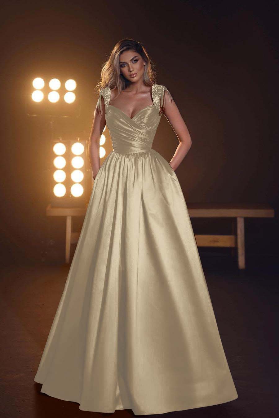 Sleeveless Long Prom Dress with Pockets, Sequins and Pleats