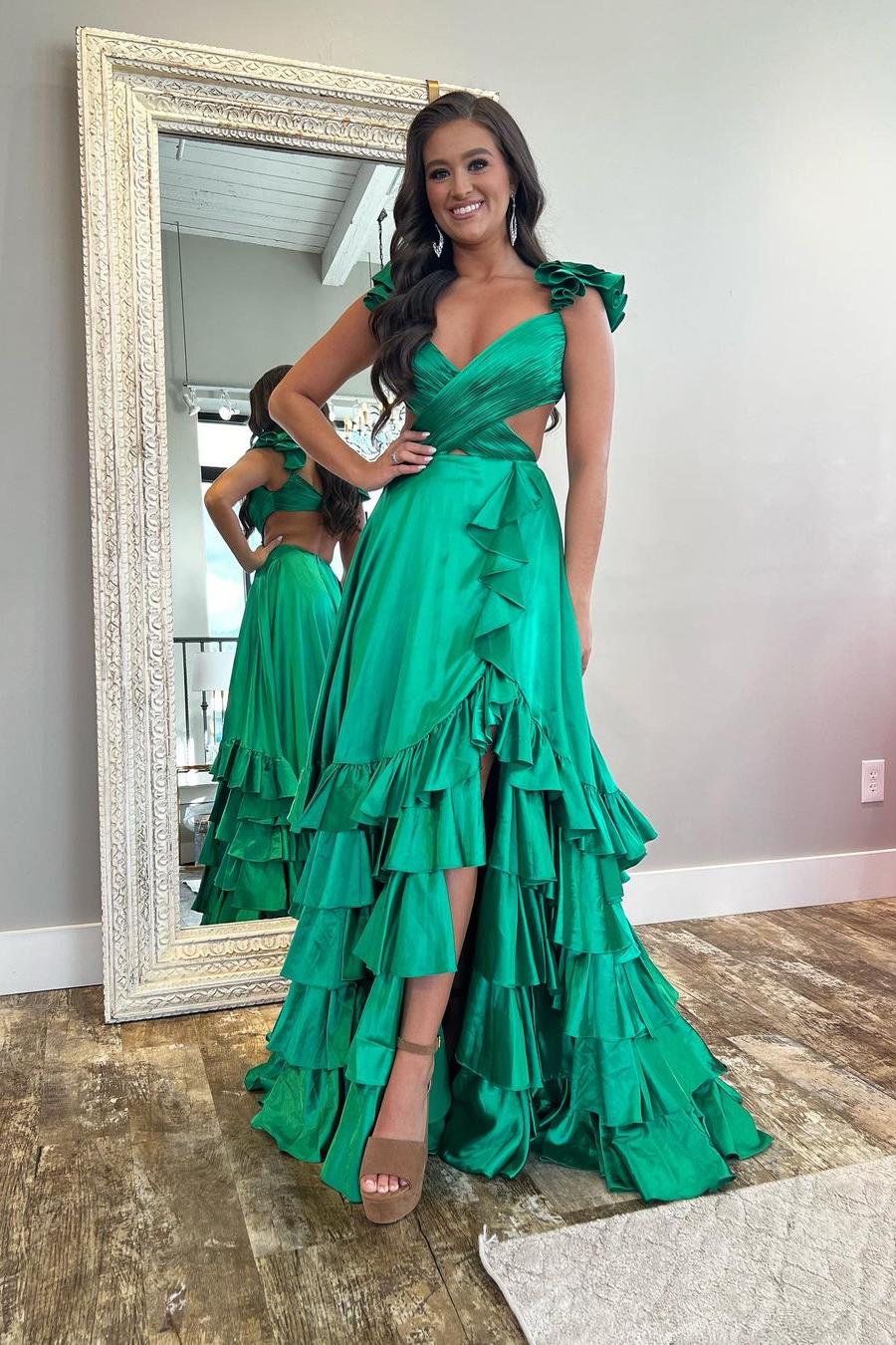 Sexy Spaghetti Strap Long Prom Dress with Split and Ruffles