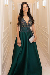 V Neck A-Line Long Prom Dress with Appliques Straps