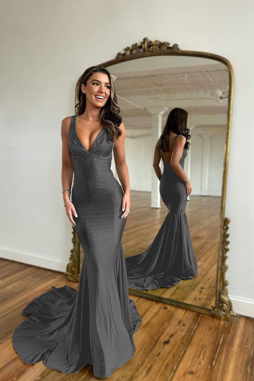 V Neck Mermaid Long Prom Dress with Appliques Straps