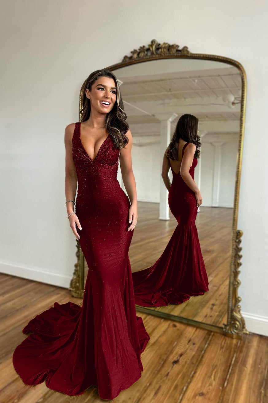 V Neck Mermaid Long Prom Dress with Appliques Straps