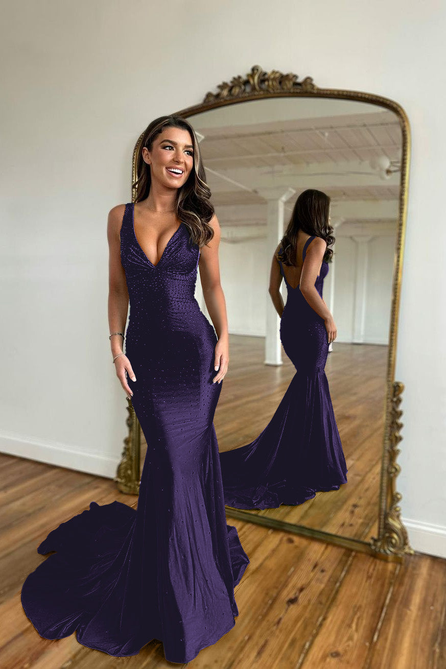 V Neck Mermaid Long Prom Dress with Appliques Straps