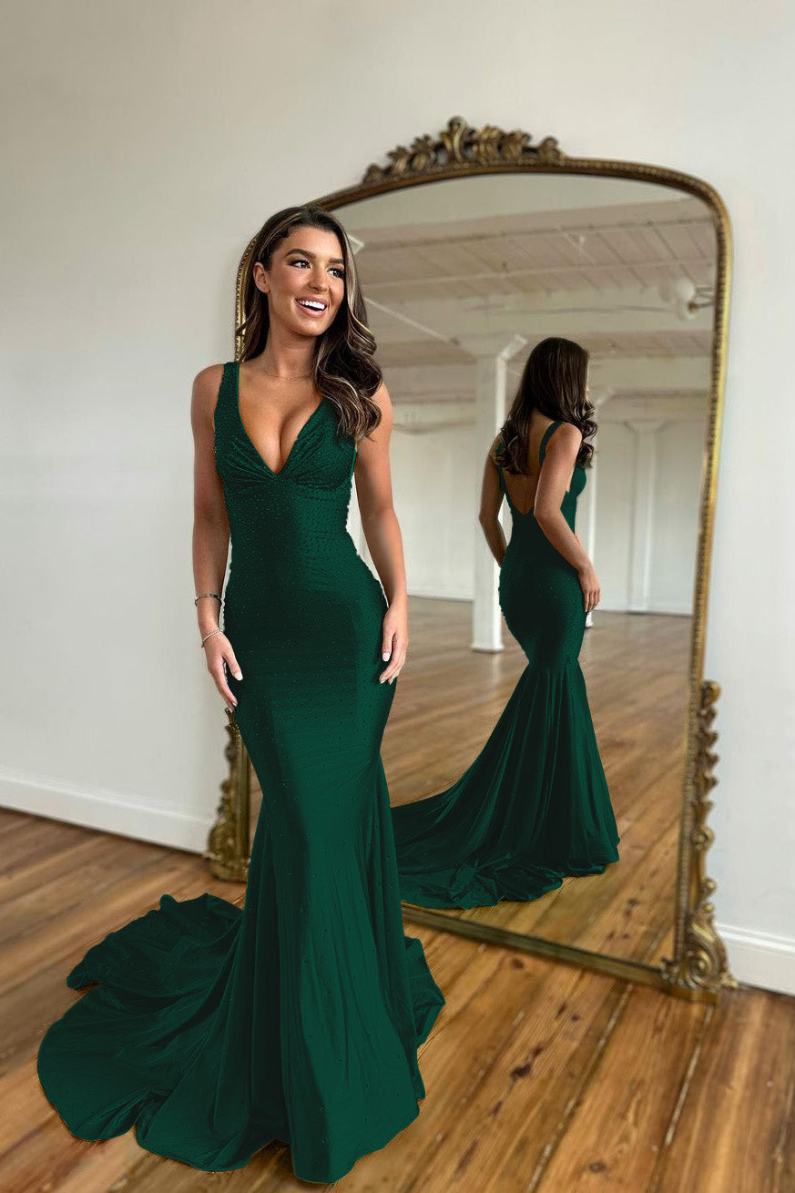 V Neck Mermaid Long Prom Dress with Appliques Straps